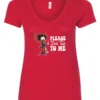 red funny sarcasm v-neck t-shirt featuring a woman who has just woken up in pajamas, disheveled, with a cup of coffee in her hand and screaming please don’t talk to me