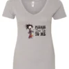silver funny sarcasm v-neck t-shirt featuring a woman who has just woken up in pajamas, disheveled, with a cup of coffee in her hand and screaming please don’t talk to me