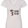 white funny sarcasm v-neck t-shirt featuring a woman who has just woken up in pajamas, disheveled, with a cup of coffee in her hand and screaming please don’t talk to me