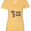 yellow funny sarcasm v-neck t-shirt featuring a woman who has just woken up in pajamas, disheveled, with a cup of coffee in her hand and screaming please don’t talk to me