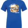 blue funny Camping t-shirt featuring a camper set up by the beach with the mountain as background, and it says retirement plan: camping