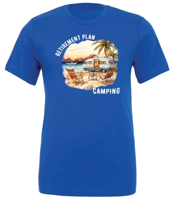 blue funny Camping t-shirt featuring a camper set up by the beach with the mountain as background, and it says retirement plan: camping