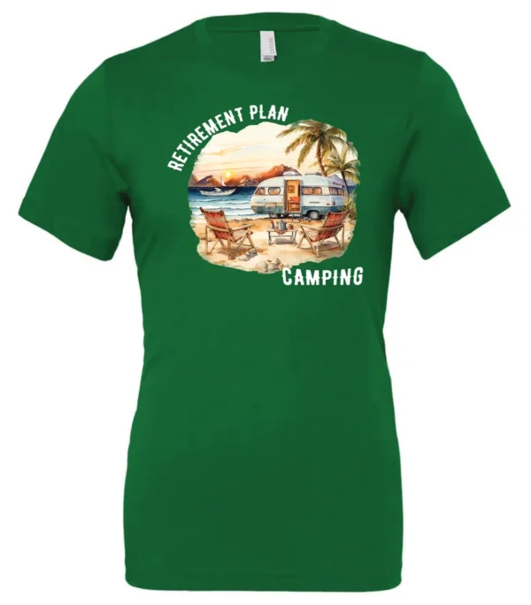 green funny Camping t-shirt featuring a camper set up by the beach with the mountain as background, and it says retirement plan: camping