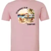 pink funny Camping t-shirt featuring a camper set up by the beach with the mountain as background, and it says retirement plan: camping