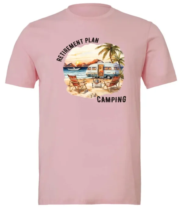 pink funny Camping t-shirt featuring a camper set up by the beach with the mountain as background, and it says retirement plan: camping