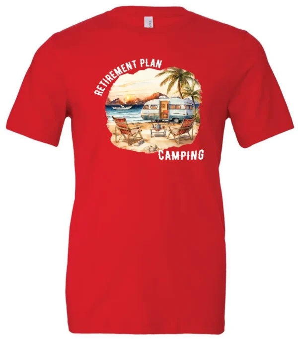 red funny Camping t-shirt featuring a camper set up by the beach with the mountain as background, and it says retirement plan: camping