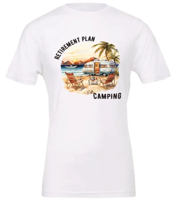 white funny Camping t-shirt featuring a camper set up by the beach with the mountain as background, and it says retirement plan: camping