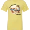 yellow funny Camping t-shirt featuring a camper set up by the beach with the mountain as background, and it says retirement plan: camping