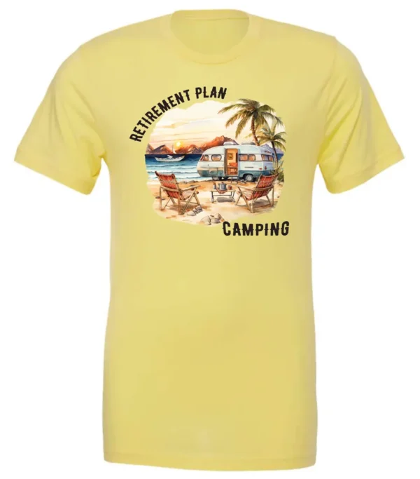 yellow funny Camping t-shirt featuring a camper set up by the beach with the mountain as background, and it says retirement plan: camping