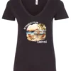 black funny Camping v-neck t-shirt featuring a camper set up by the beach with the mountain as background, and it says retirement plan: camping