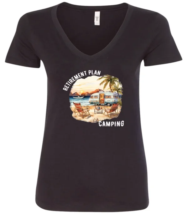 black funny Camping v-neck t-shirt featuring a camper set up by the beach with the mountain as background, and it says retirement plan: camping