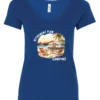 blue funny Camping v-neck t-shirt featuring a camper set up by the beach with the mountain as background, and it says retirement plan: camping