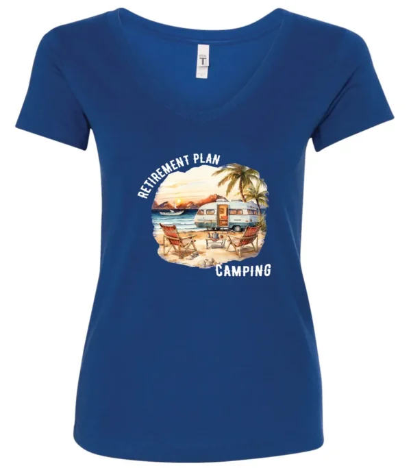 blue funny Camping v-neck t-shirt featuring a camper set up by the beach with the mountain as background, and it says retirement plan: camping