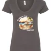 gray funny Camping v-neck t-shirt featuring a camper set up by the beach with the mountain as background, and it says retirement plan: camping