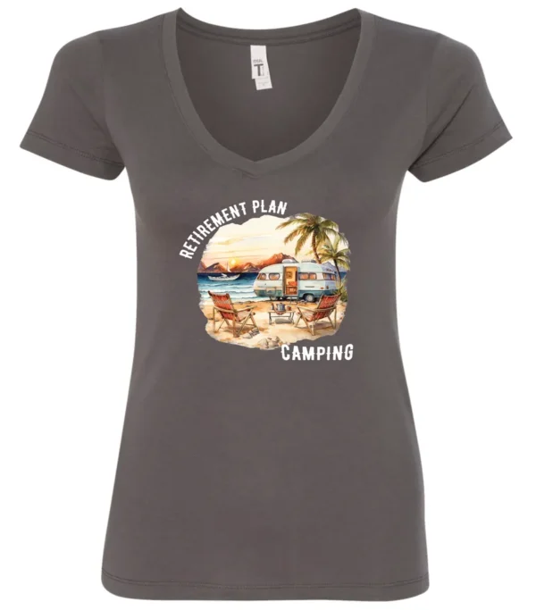 gray funny Camping v-neck t-shirt featuring a camper set up by the beach with the mountain as background, and it says retirement plan: camping