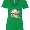 green funny Camping v-neck t-shirt featuring a camper set up by the beach with the mountain as background, and it says retirement plan: camping