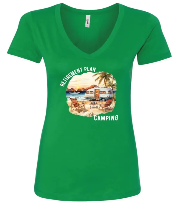 green funny Camping v-neck t-shirt featuring a camper set up by the beach with the mountain as background, and it says retirement plan: camping