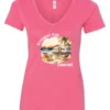 pink funny Camping v-neck t-shirt featuring a camper set up by the beach with the mountain as background, and it says retirement plan: camping