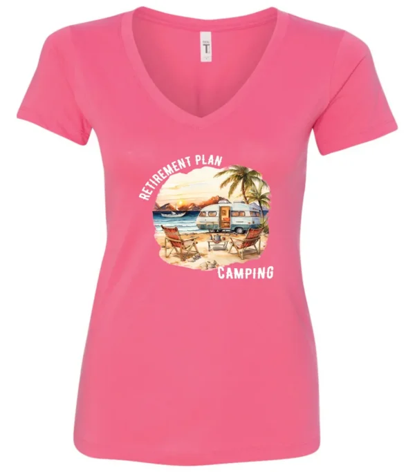 pink funny Camping v-neck t-shirt featuring a camper set up by the beach with the mountain as background, and it says retirement plan: camping