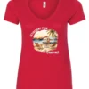 red funny Camping v-neck t-shirt featuring a camper set up by the beach with the mountain as background, and it says retirement plan: camping