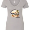 silver funny Camping v-neck t-shirt featuring a camper set up by the beach with the mountain as background, and it says retirement plan: camping