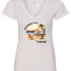 white funny Camping v-neck t-shirt featuring a camper set up by the beach with the mountain as background, and it says retirement plan: camping
