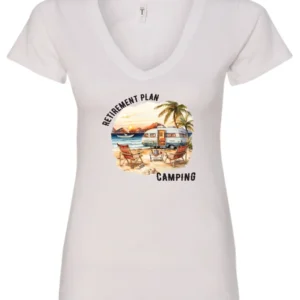 white funny Camping v-neck t-shirt featuring a camper set up by the beach with the mountain as background, and it says retirement plan: camping