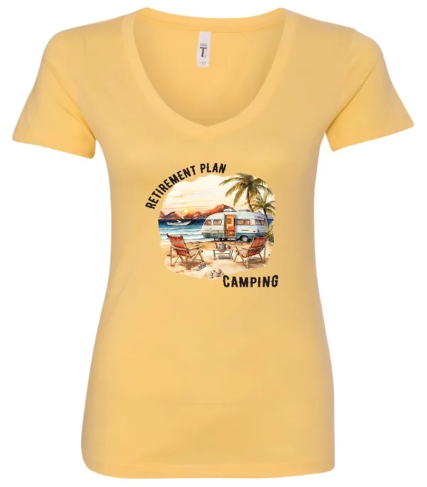 yellow funny Camping v-neck t-shirt featuring a camper set up by the beach with the mountain as background, and it says retirement plan: camping
