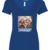 blue funny mood v-neck t-shirt featuring an old woman with makeup, glasses, and white hair, saying seriously?