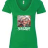 green funny mood v-neck t-shirt featuring an old woman with makeup, glasses, and white hair, saying seriously?