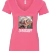 pink funny mood v-neck t-shirt featuring an old woman with makeup, glasses, and white hair, saying seriously?