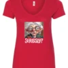 red funny mood v-neck t-shirt featuring an old woman with makeup, glasses, and white hair, saying seriously?