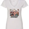 white funny mood v-neck t-shirt featuring an old woman with makeup, glasses, and white hair, saying seriously?