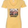 yellow funny mood v-neck t-shirt featuring an old woman with makeup, glasses, and white hair, saying seriously?