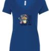 blue garden humor v-neck t-shirt with a watering can used as a flower pot, it has many different flowers and a quote saying sorry i can't, my plants need me