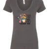 gray garden humor v-neck t-shirt with a watering can used as a flower pot, it has many different flowers and a quote saying sorry i can't, my plants need me