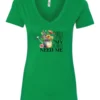green garden humor v-neck t-shirt with a watering can used as a flower pot, it has many different flowers and a quote saying sorry i can't, my plants need me