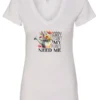 white garden humor v-neck t-shirt with a watering can used as a flower pot, it has many different flowers and a quote saying sorry i can't, my plants need me