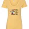 yellow garden humor v-neck t-shirt with a watering can used as a flower pot, it has many different flowers and a quote saying sorry i can't, my plants need me