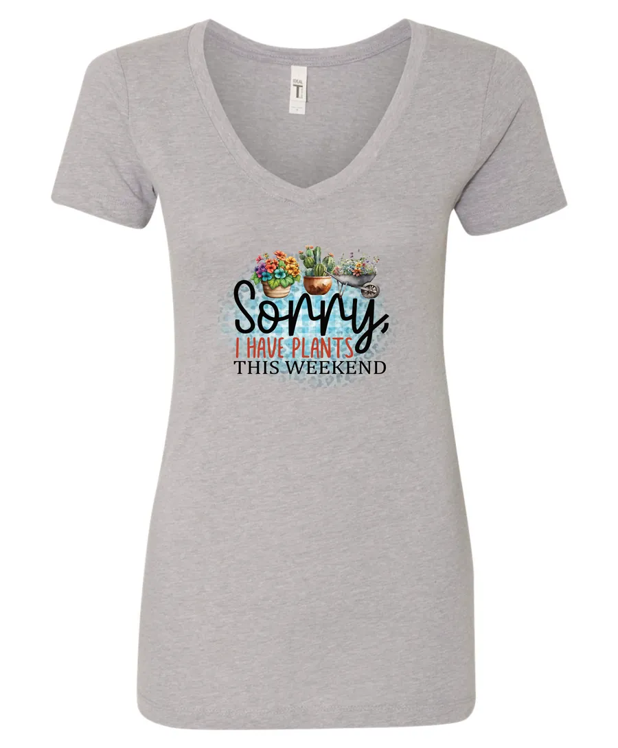 silver funny plant v-neck t-shirt with two flower pots and a wheelbarrow with the quote sorry, i have plants this weekend