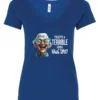 blue funny sarcastic v-neck t-shirt featuring a very happy, smiling old woman with white hair and big blue glasses, saying that’s a terrible idea, what time?