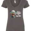 gray funny sarcastic v-neck t-shirt featuring a very happy, smiling old woman with white hair and big blue glasses, saying that’s a terrible idea, what time?
