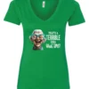 green funny sarcastic v-neck t-shirt featuring a very happy, smiling old woman with white hair and big blue glasses, saying that’s a terrible idea, what time?