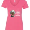 pink funny sarcastic v-neck t-shirt featuring a very happy, smiling old woman with white hair and big blue glasses, saying that’s a terrible idea, what time?