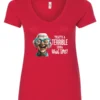 red funny sarcastic v-neck t-shirt featuring a very happy, smiling old woman with white hair and big blue glasses, saying that’s a terrible idea, what time?