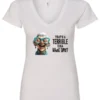 white funny sarcastic v-neck t-shirt featuring a very happy, smiling old woman with white hair and big blue glasses, saying that’s a terrible idea, what time?