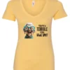 yellow funny sarcastic v-neck t-shirt featuring a very happy, smiling old woman with white hair and big blue glasses, saying that’s a terrible idea, what time?