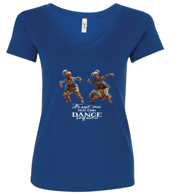 blue tequila v-neck t-shirt featuring two dancing black rasta grandmas wearing glasses with the quote ‘Trust me, you can dance – Tequila