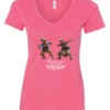 pink tequila v-neck t-shirt featuring two dancing black rasta grandmas wearing glasses with the quote ‘Trust me, you can dance – Tequila