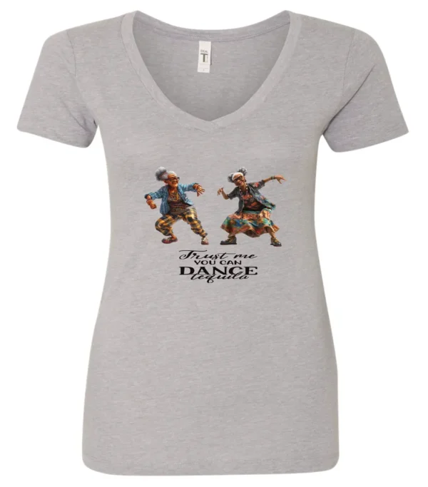 silver tequila v-neck t-shirt featuring two dancing black rasta grandmas wearing glasses with the quote ‘Trust me, you can dance – Tequila